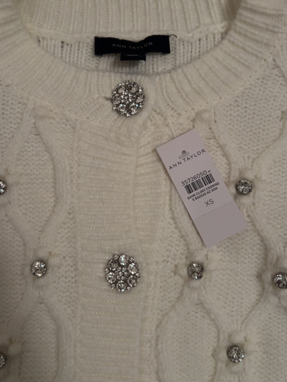 Ann Taylor Cream Jeweled Cable-Knit Cardigan